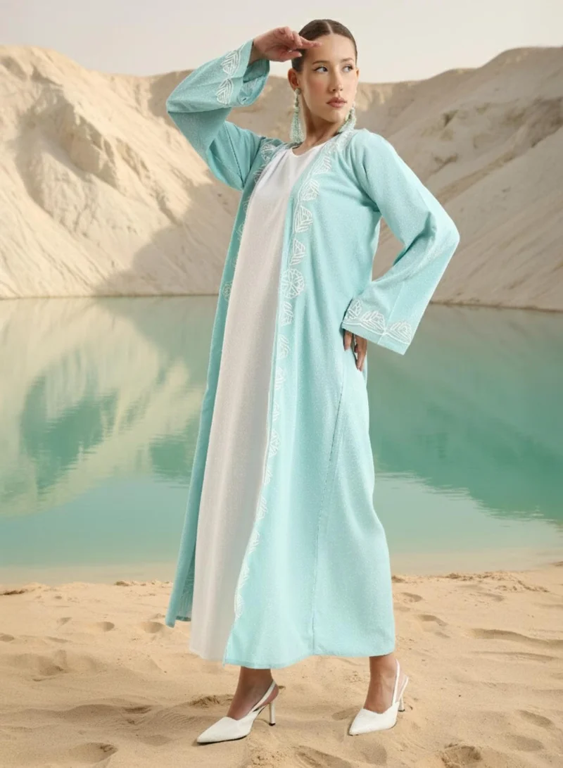 Ishin Aqua Blue Aqua Blue Thread Embroidered Layered Abaya with Hijab for Women | Best Price UAE
